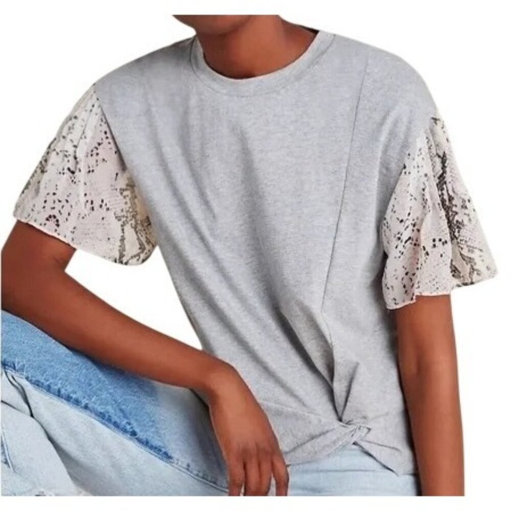 Current Air Anthropologie Top Size Small Basille Print Sleeve‎ Grey Twist Front